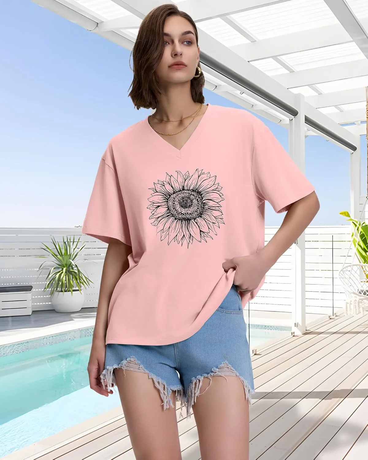 ADOREJOY Oversized Tshirts for Women V Neck Summer Short Sleeve Casual Loose Tunic Tees