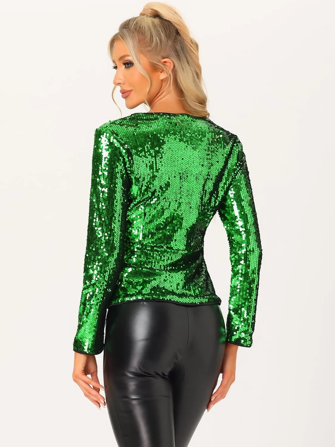 Allegra K Sequin Jacket for Women's Lapel Blazer 1 Button Long Sleeves Halloween Sparkle Party Jacket