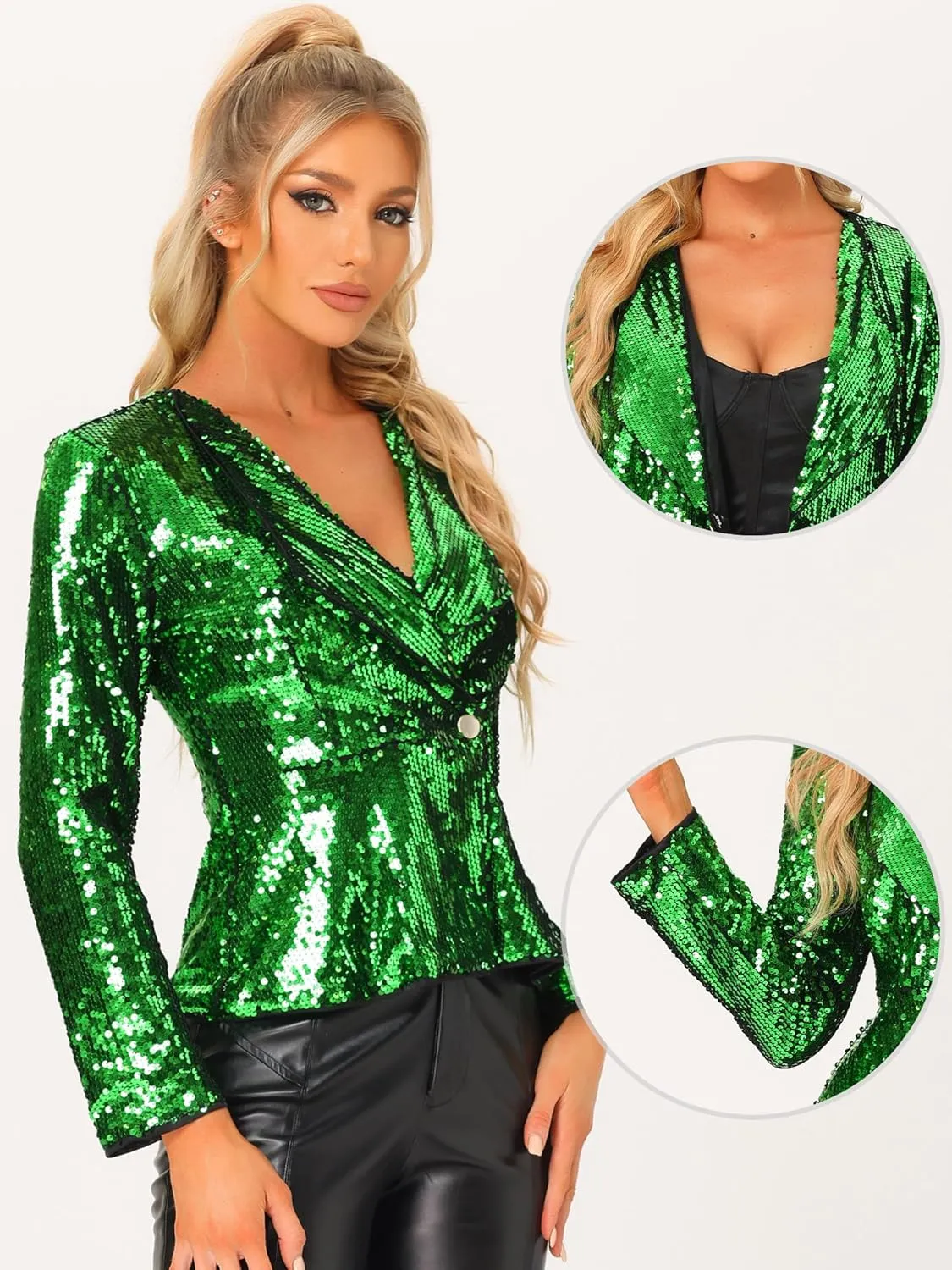 Allegra K Sequin Jacket for Women's Lapel Blazer 1 Button Long Sleeves Halloween Sparkle Party Jacket