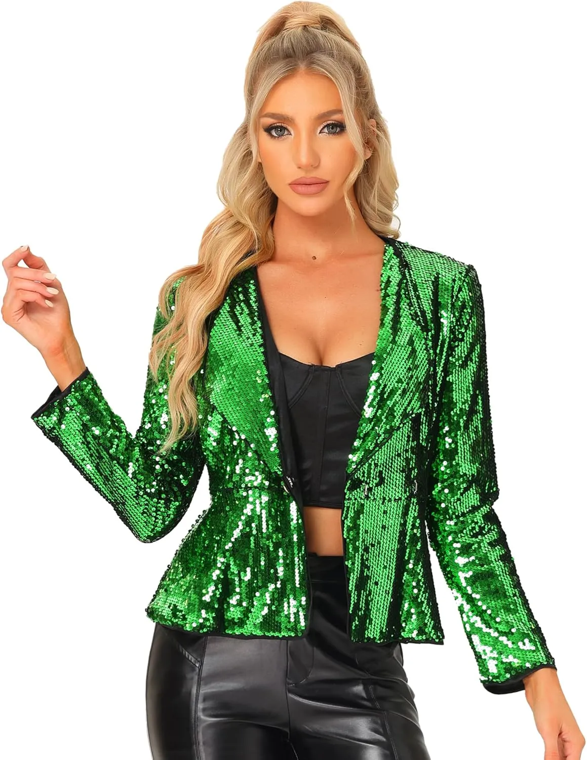 Allegra K Sequin Jacket for Women's Lapel Blazer 1 Button Long Sleeves Halloween Sparkle Party Jacket