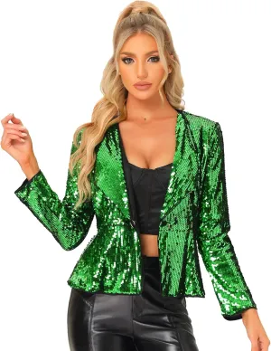 Allegra K Sequin Jacket for Women's Lapel Blazer 1 Button Long Sleeves Halloween Sparkle Party Jacket