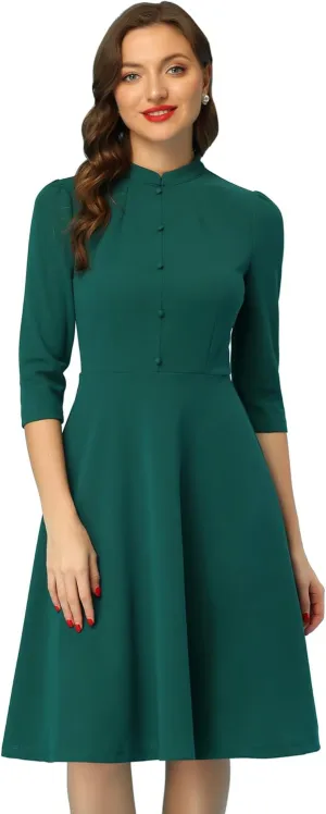 Allegra K Vintage Dresses for Women 2025 Casual Semi Formal Fit and Flare 3/4 Sleeve Church Work A-line Dress