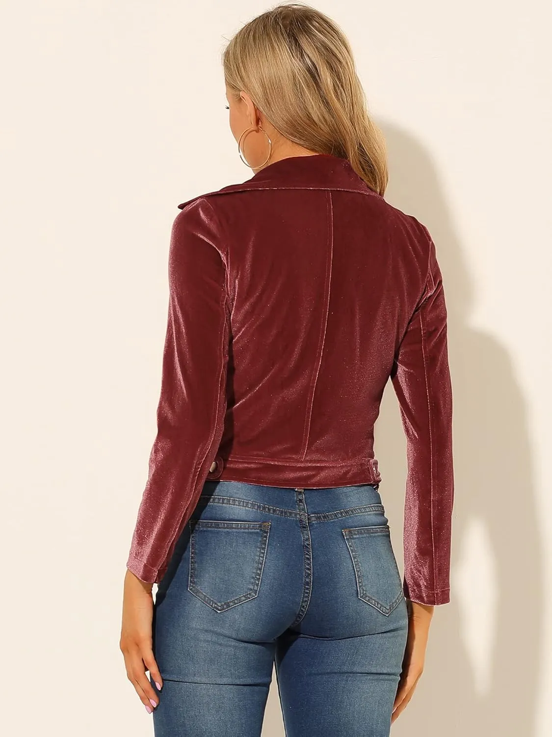 Allegra K Women's Velvet Lapel Collar Zip Up Coat Crop Moto Biker Jacket Winter Fall 2025
