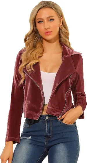 Allegra K Women's Velvet Lapel Collar Zip Up Coat Crop Moto Biker Jacket Winter Fall 2025