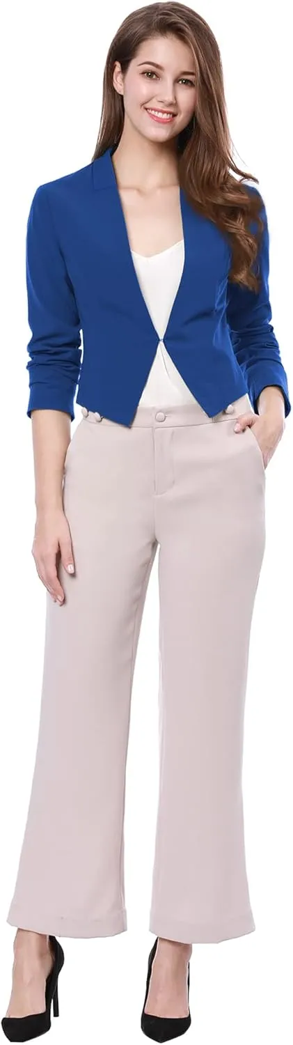 Allegra K Women's Work Office Suit Collarless Casual Cropped Blazer Jacket