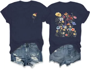Anbech Women's Botanical Graphic Tees Boho Wildflowers Print Short Sleeve Tshirts Loose Fit