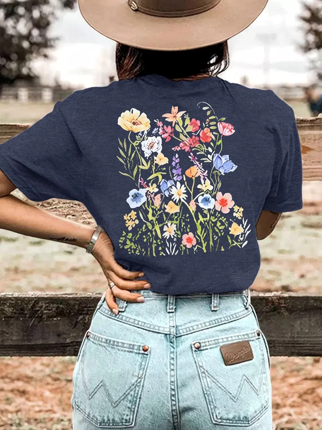 Anbech Women's Botanical Graphic Tees Boho Wildflowers Print Short Sleeve Tshirts Loose Fit