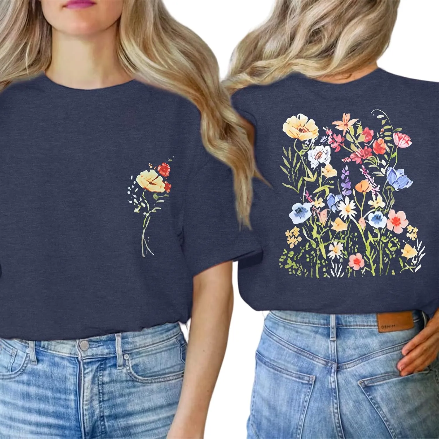 Anbech Women's Botanical Graphic Tees Boho Wildflowers Print Short Sleeve Tshirts Loose Fit