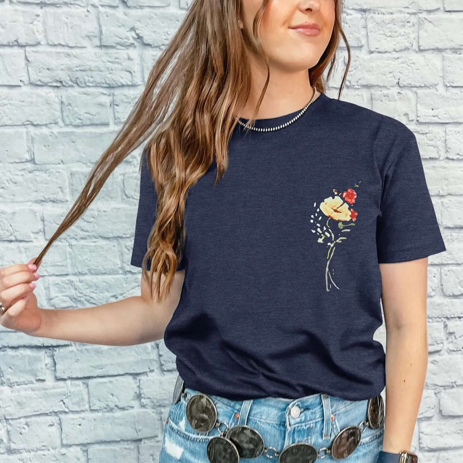 Anbech Women's Botanical Graphic Tees Boho Wildflowers Print Short Sleeve Tshirts Loose Fit