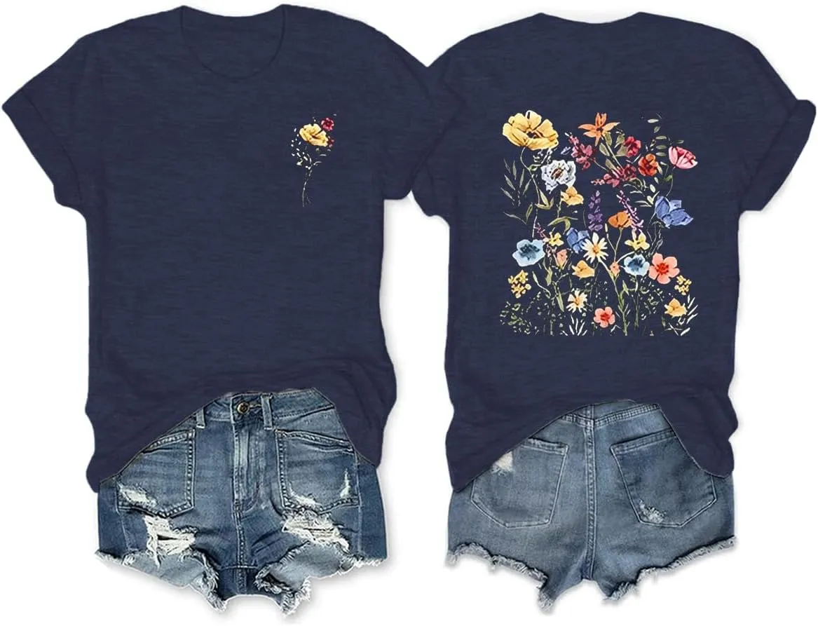 Anbech Women's Botanical Graphic Tees Boho Wildflowers Print Short Sleeve Tshirts Loose Fit