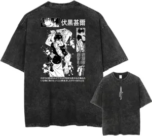 Anime Graphic T-Shirt, Vintage Washed Cotton, Black, Japanese Manga Design, Multiple Sizes S-3XL
