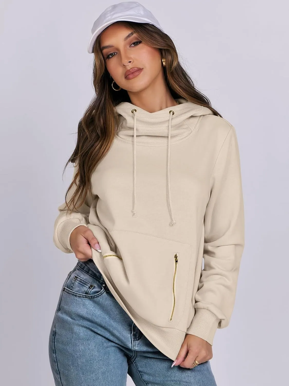 ANRABESS Womens Hoodie Cowl Neck Long Sleeve Sweatshirts 2024 Winter Fashion Pullover With Drawstring Clothes