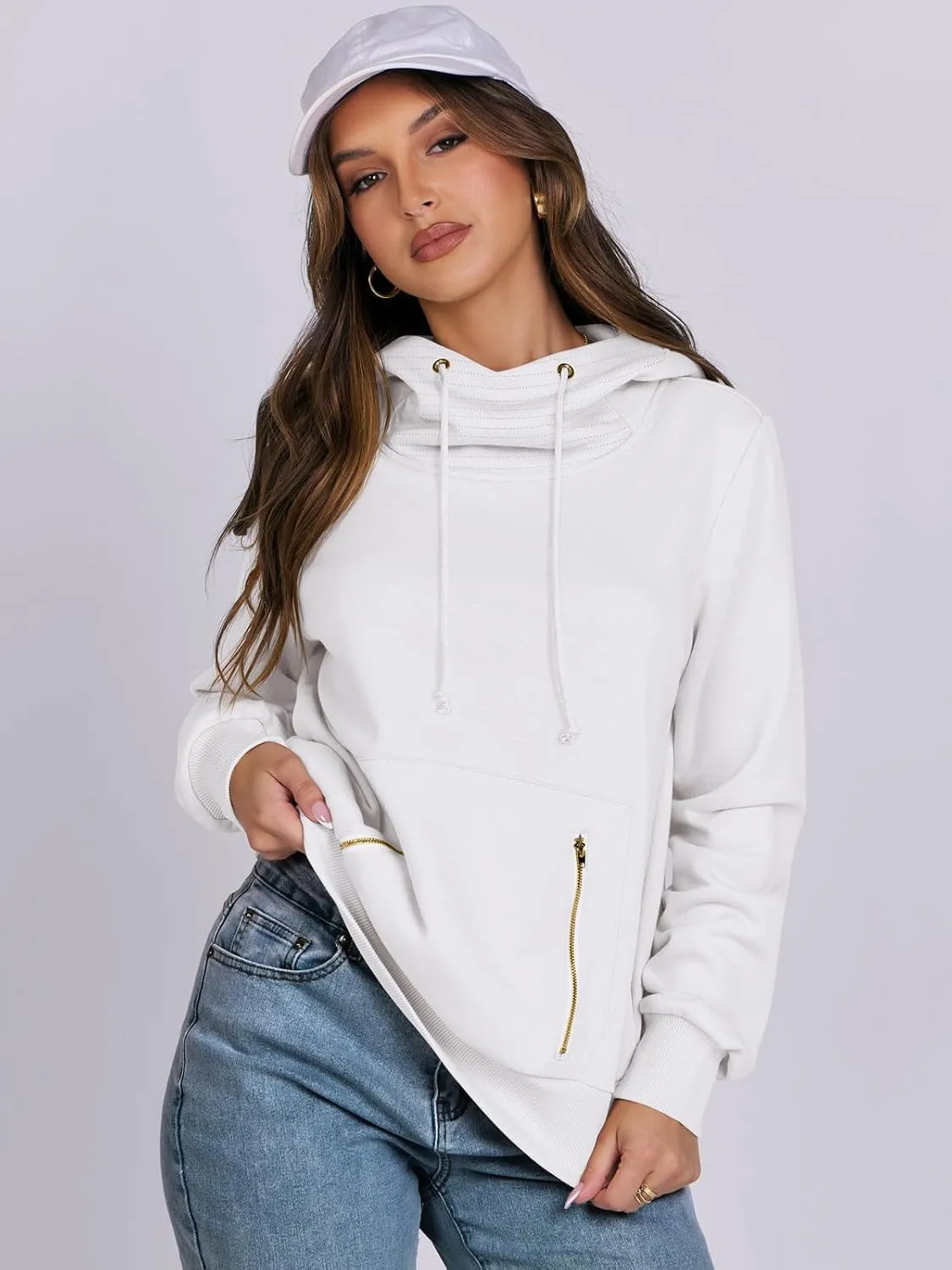 ANRABESS Womens Hoodie Cowl Neck Long Sleeve Sweatshirts 2024 Winter Fashion Pullover With Drawstring Clothes