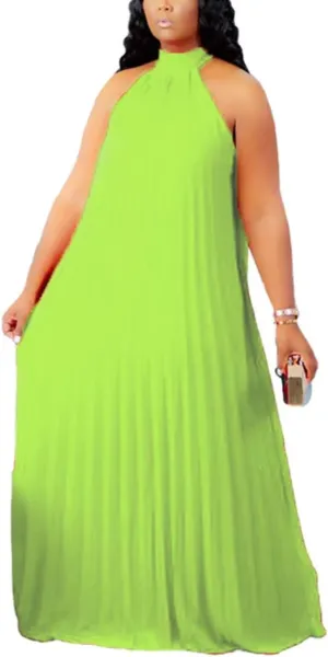 Aro Lora Womens Casual Sleeveless Plus Size Chiffon Halter Neck Pleated Loose Long Maxi Dress