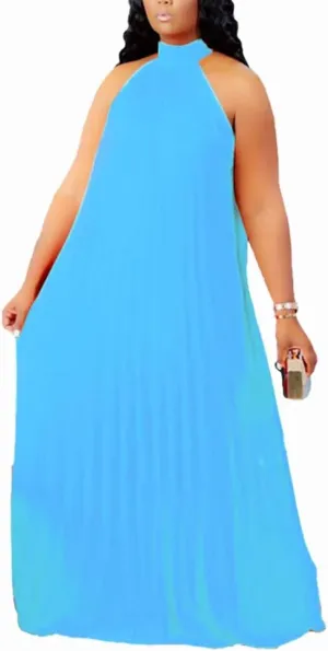 Aro Lora Womens Casual Sleeveless Plus Size Chiffon Halter Neck Pleated Loose Long Maxi Dress