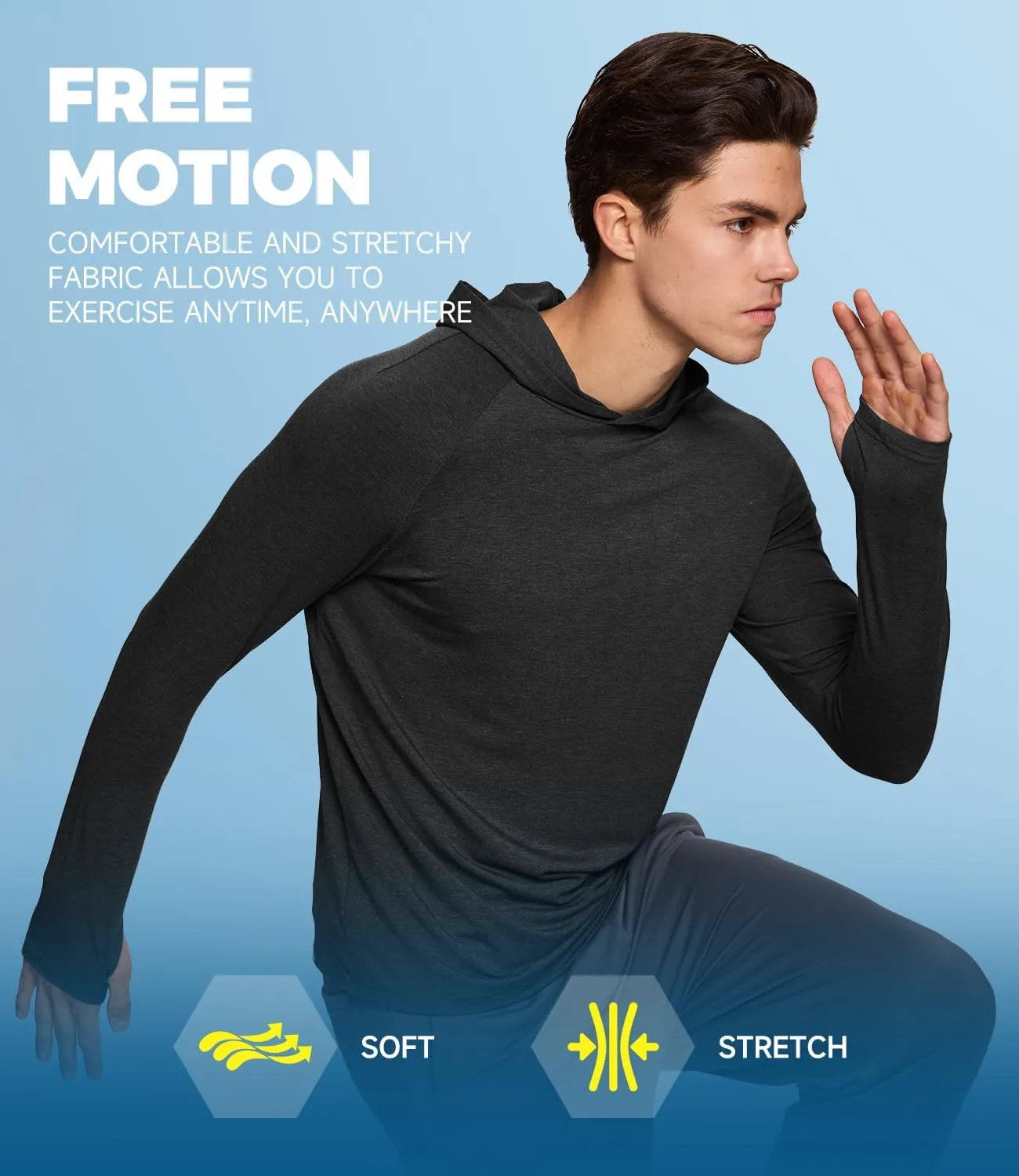 BAMBOO COOL Men's UPF 50  Athletic Hoodies Soft Lightweight Sweatshirts Long Sleeve Pullover Sun Protection Hoodie Tops