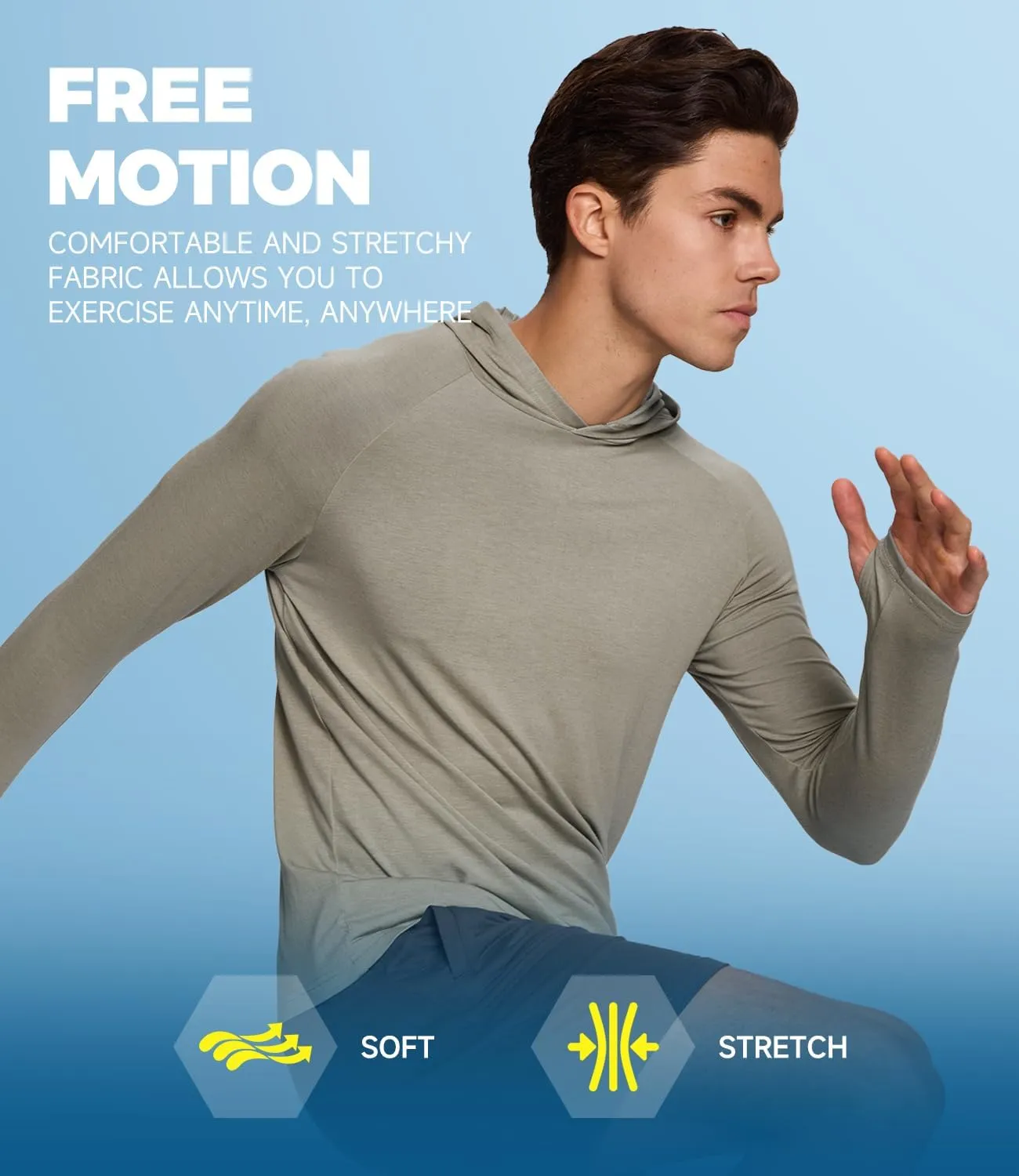 BAMBOO COOL Men's UPF 50  Athletic Hoodies Soft Lightweight Sweatshirts Long Sleeve Pullover Sun Protection Hoodie Tops