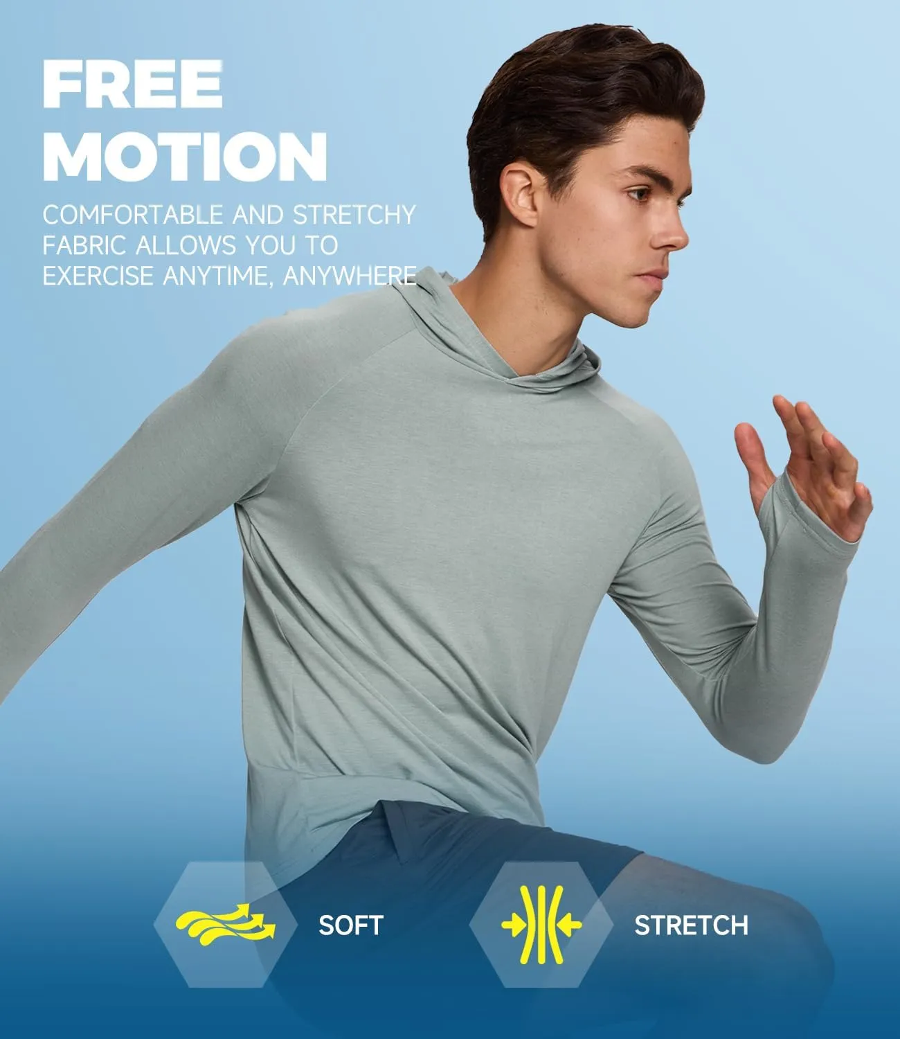 BAMBOO COOL Men's UPF 50  Athletic Hoodies Soft Lightweight Sweatshirts Long Sleeve Pullover Sun Protection Hoodie Tops