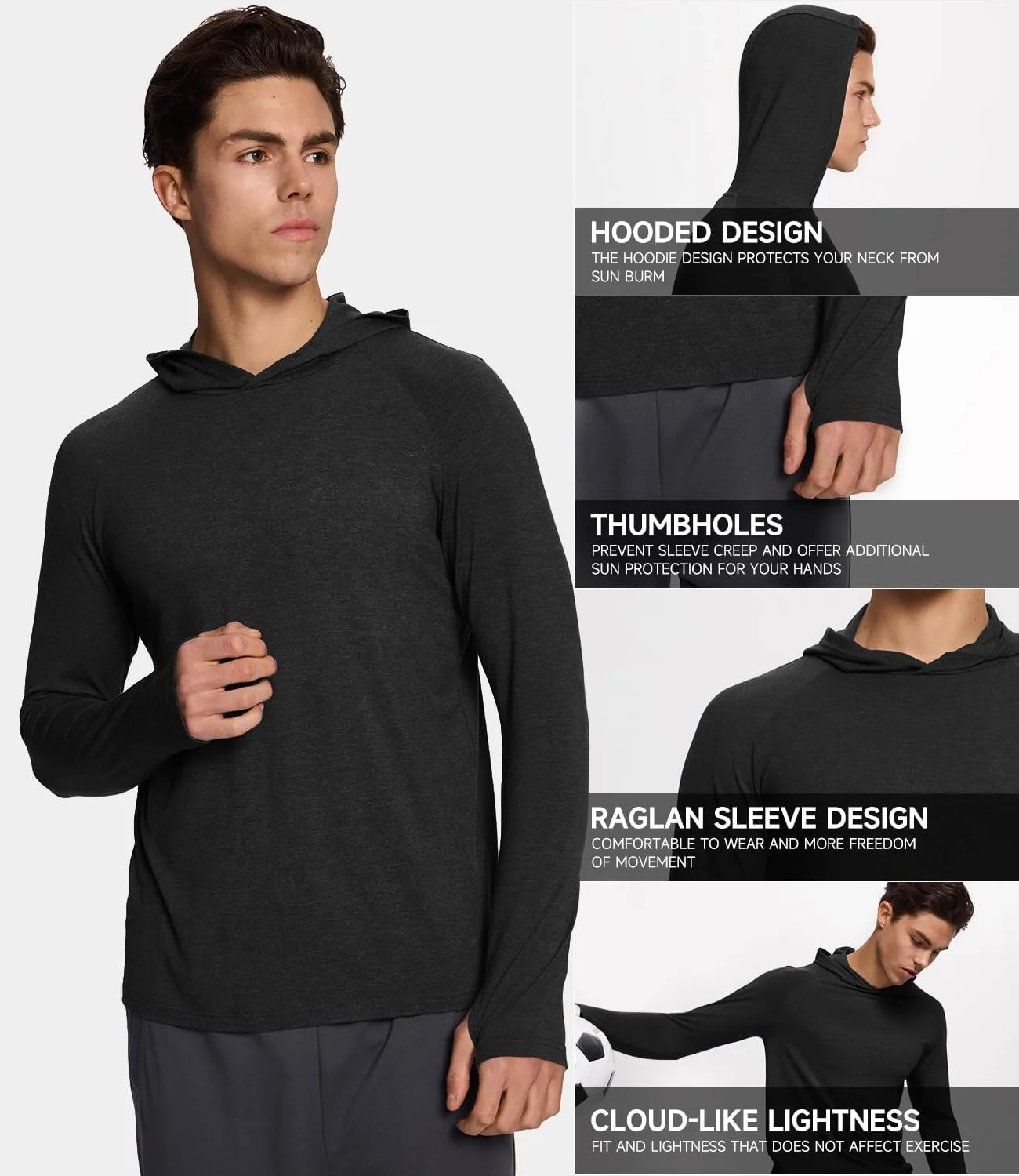 BAMBOO COOL Men's UPF 50  Athletic Hoodies Soft Lightweight Sweatshirts Long Sleeve Pullover Sun Protection Hoodie Tops