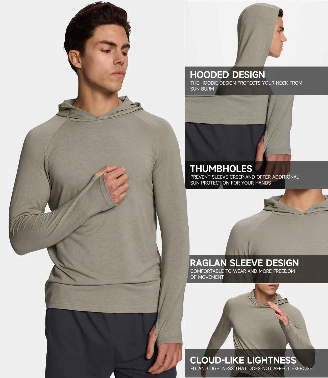 BAMBOO COOL Men's UPF 50  Athletic Hoodies Soft Lightweight Sweatshirts Long Sleeve Pullover Sun Protection Hoodie Tops