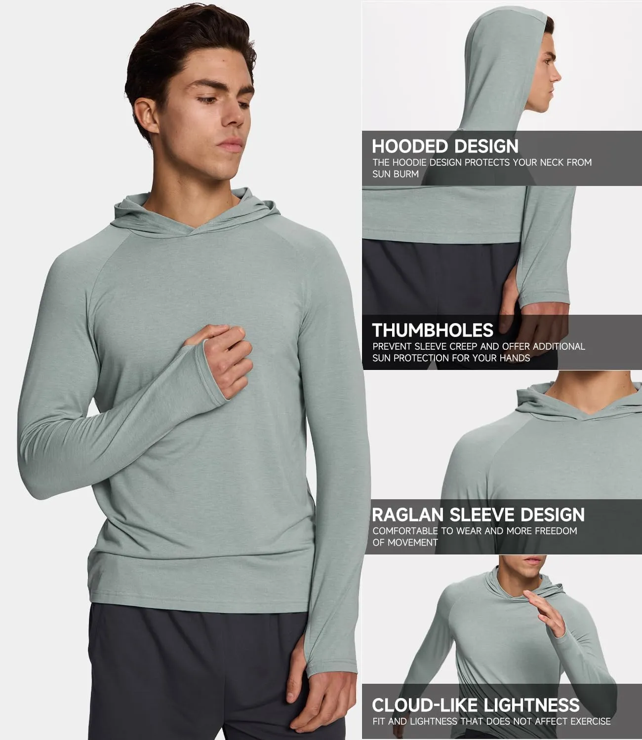 BAMBOO COOL Men's UPF 50  Athletic Hoodies Soft Lightweight Sweatshirts Long Sleeve Pullover Sun Protection Hoodie Tops