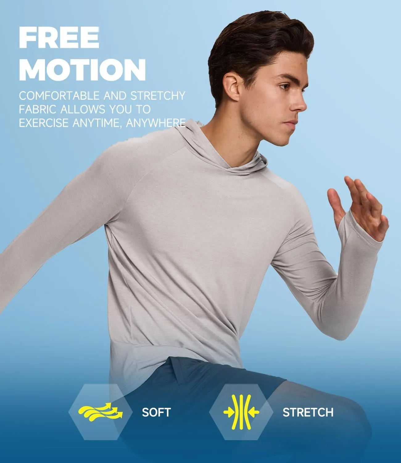BAMBOO COOL Men's UPF 50  Athletic Hoodies Soft Lightweight Sweatshirts Long Sleeve Pullover Sun Protection Hoodie Tops