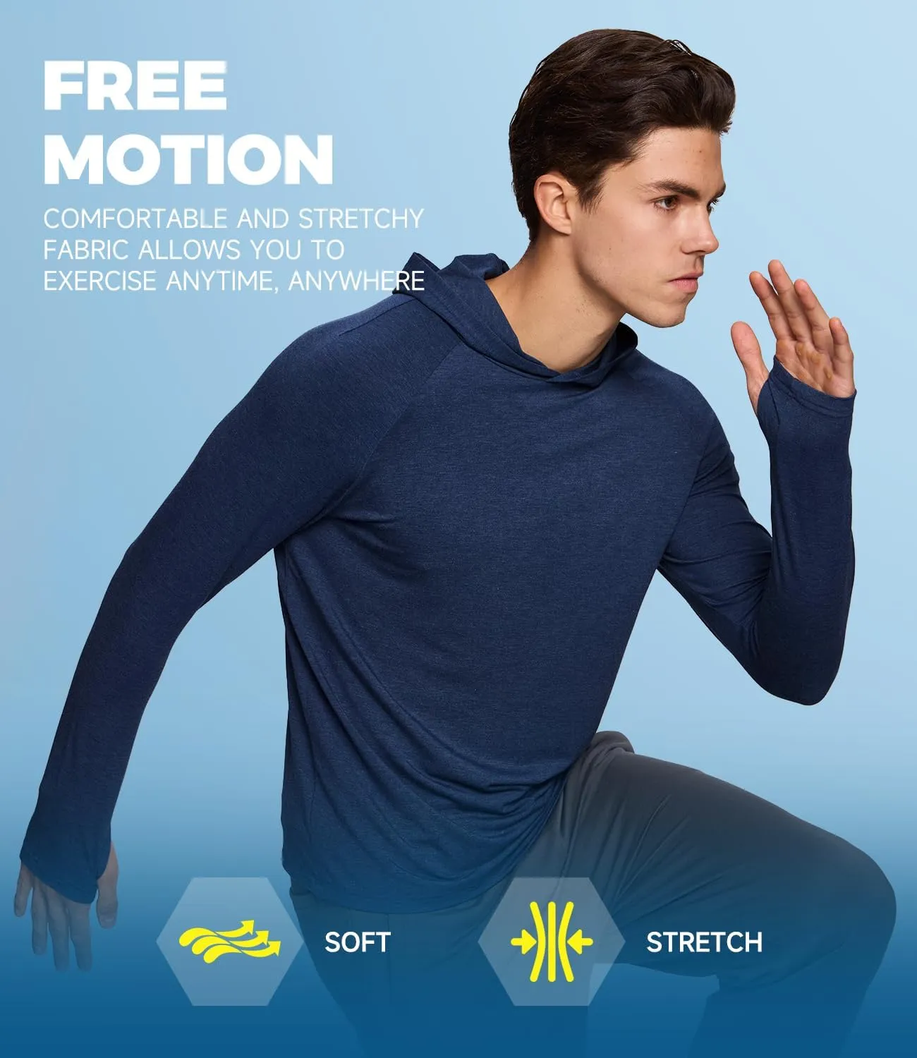 BAMBOO COOL Men's UPF 50  Athletic Hoodies Soft Lightweight Sweatshirts Long Sleeve Pullover Sun Protection Hoodie Tops