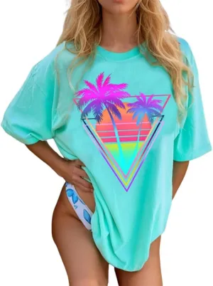 Beach Sunset Palm Trees Graphic Oversized Shirt Womens Retro Summer Beach Party T-Shirt Tropical Vacation Tee Tops
