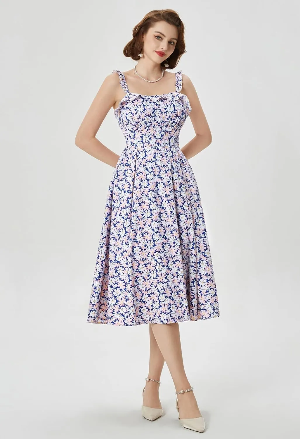 Belle Poque Women's 2025 Summer Sundresses Square Neck A Line Midi Boho Beach Floral Dress