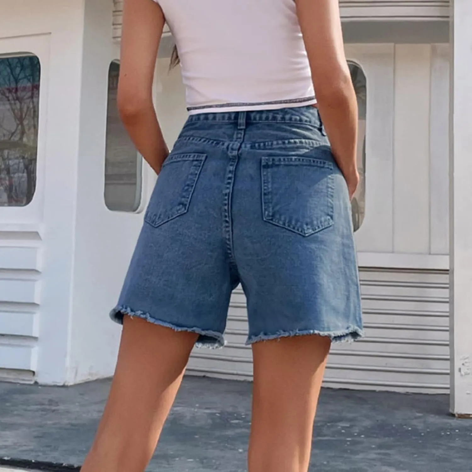 Bermuda Jean Shorts for Women High Waisted Trendy Stretchy Long Denim Shorts Straight Leg Cutoff Casual Pants w/Pocket
