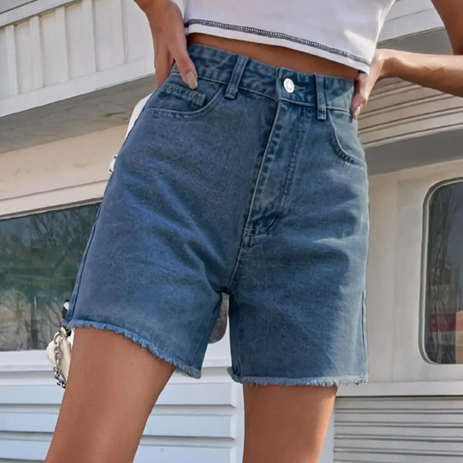 Bermuda Jean Shorts for Women High Waisted Trendy Stretchy Long Denim Shorts Straight Leg Cutoff Casual Pants w/Pocket