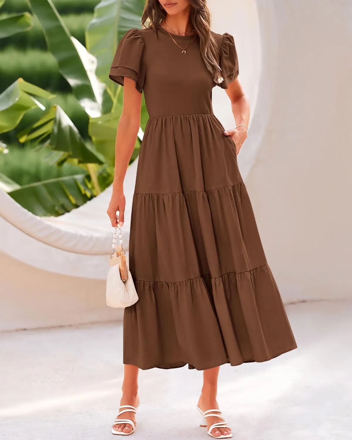 BTFBM Women Casual Summer Dresses 2025 Spring Crewneck Short Sleeve Tiered Flowy Boho Maxi Beach Vacation Dress Pockets