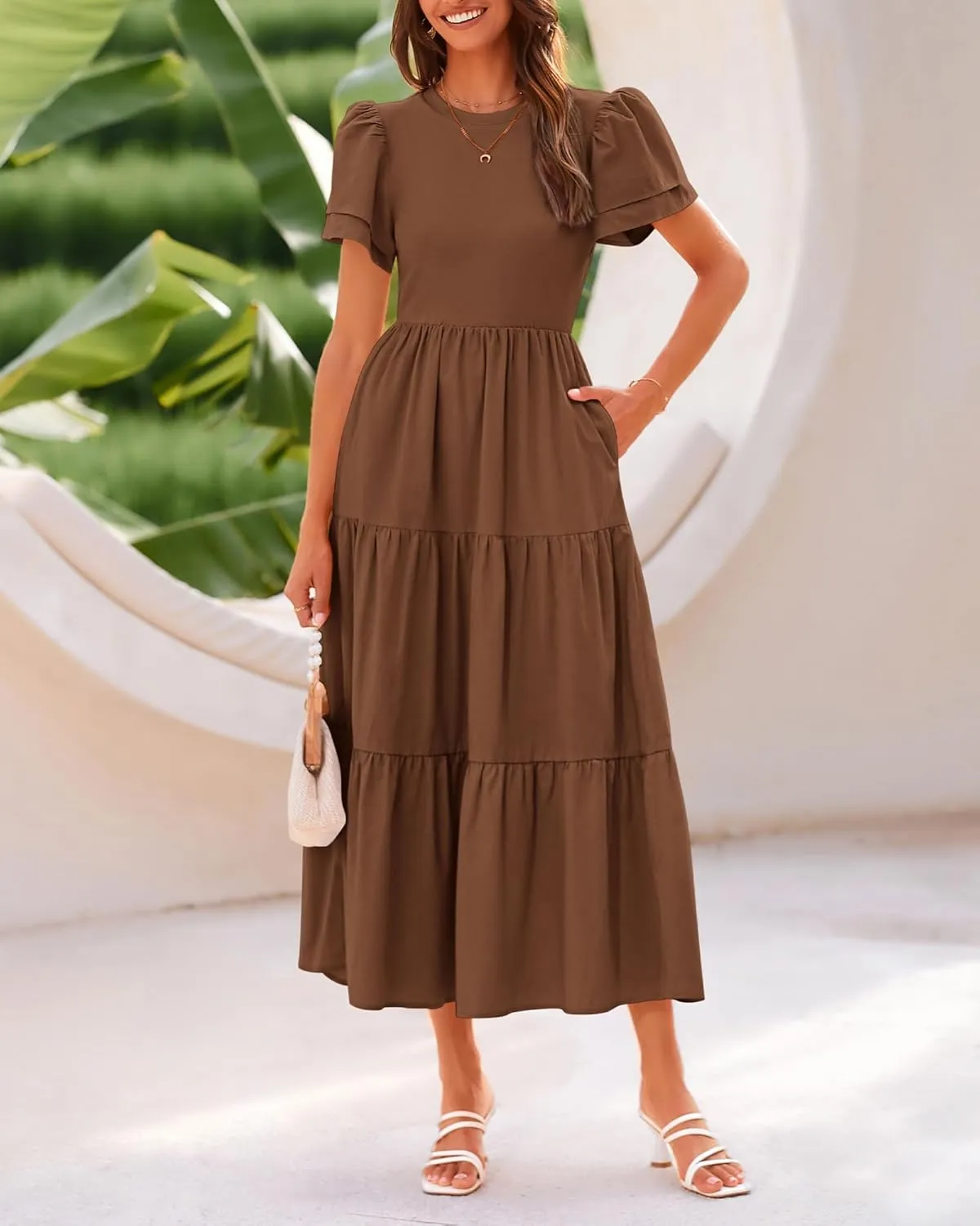 BTFBM Women Casual Summer Dresses 2025 Spring Crewneck Short Sleeve Tiered Flowy Boho Maxi Beach Vacation Dress Pockets