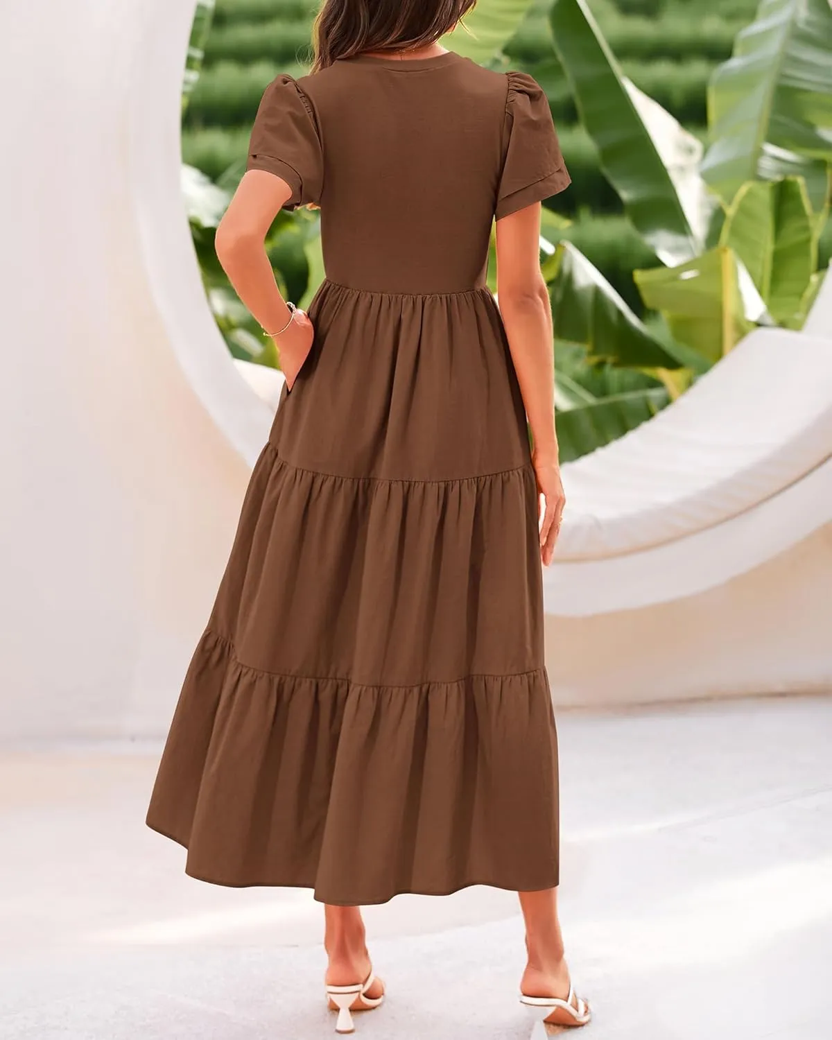 BTFBM Women Casual Summer Dresses 2025 Spring Crewneck Short Sleeve Tiered Flowy Boho Maxi Beach Vacation Dress Pockets
