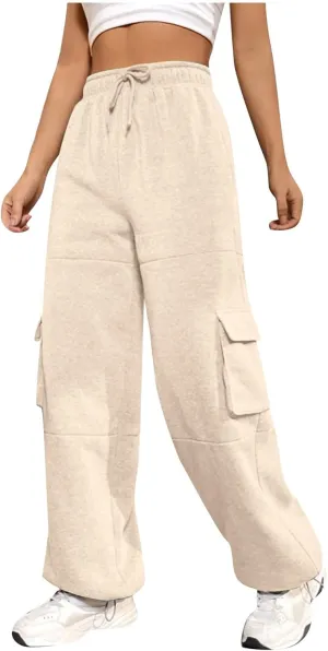 Cargo Sweatpants for Women Baggy Elastic High Waisted Joggers Drawstring Adjustable Cinch Bottom Wide Leg Sweatpants