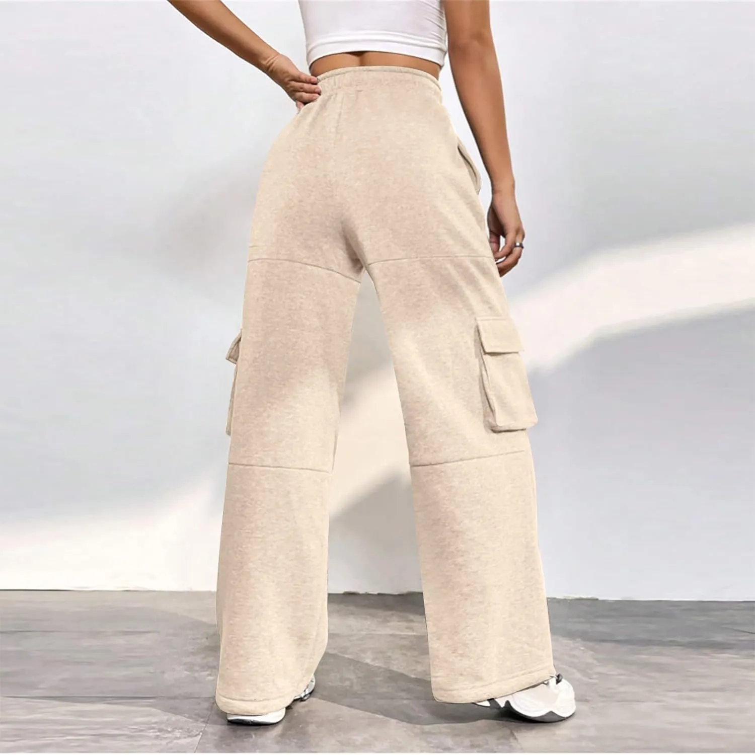 Cargo Sweatpants for Women Baggy Elastic High Waisted Joggers Drawstring Adjustable Cinch Bottom Wide Leg Sweatpants