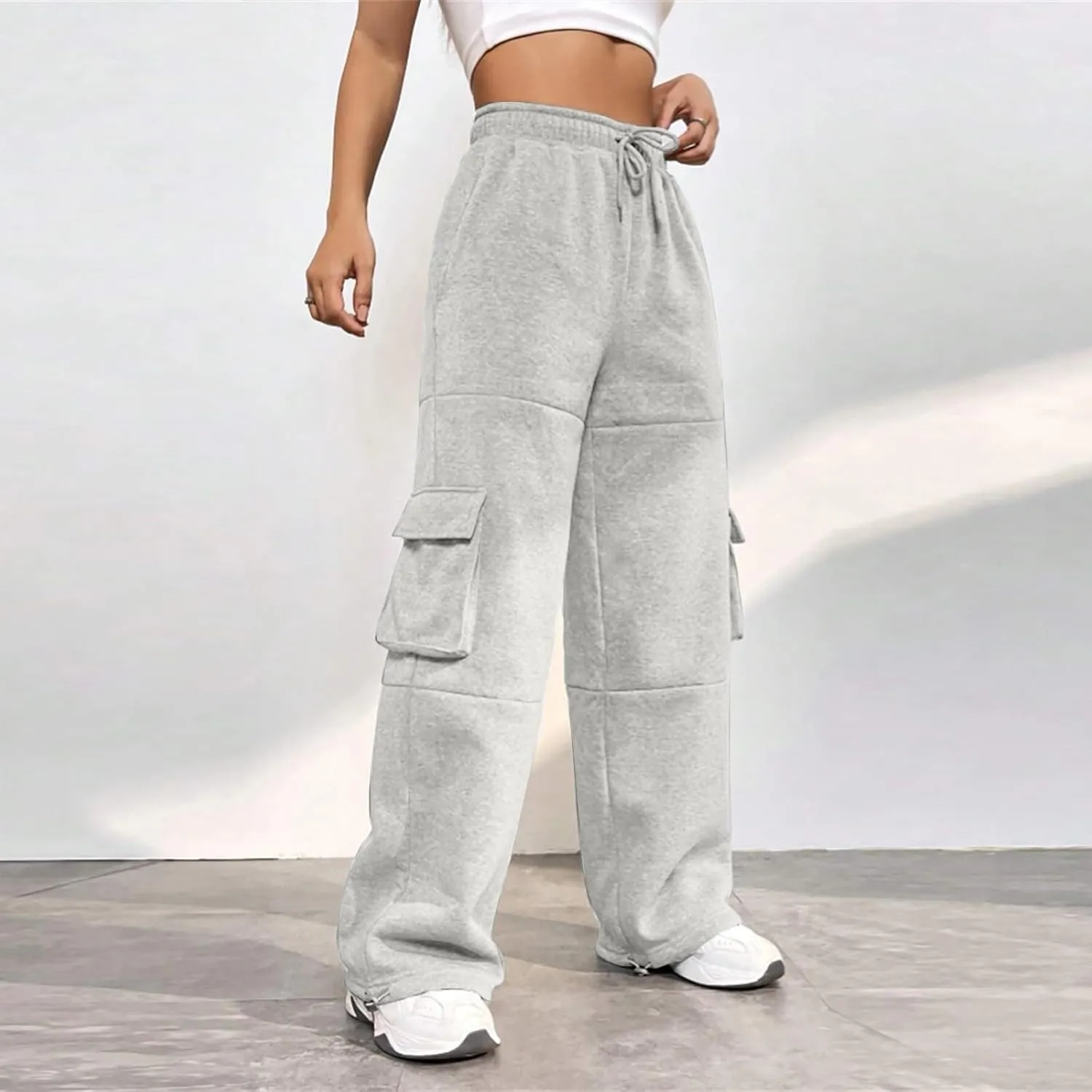 Cargo Sweatpants for Women Baggy Elastic High Waisted Joggers Drawstring Adjustable Cinch Bottom Wide Leg Sweatpants