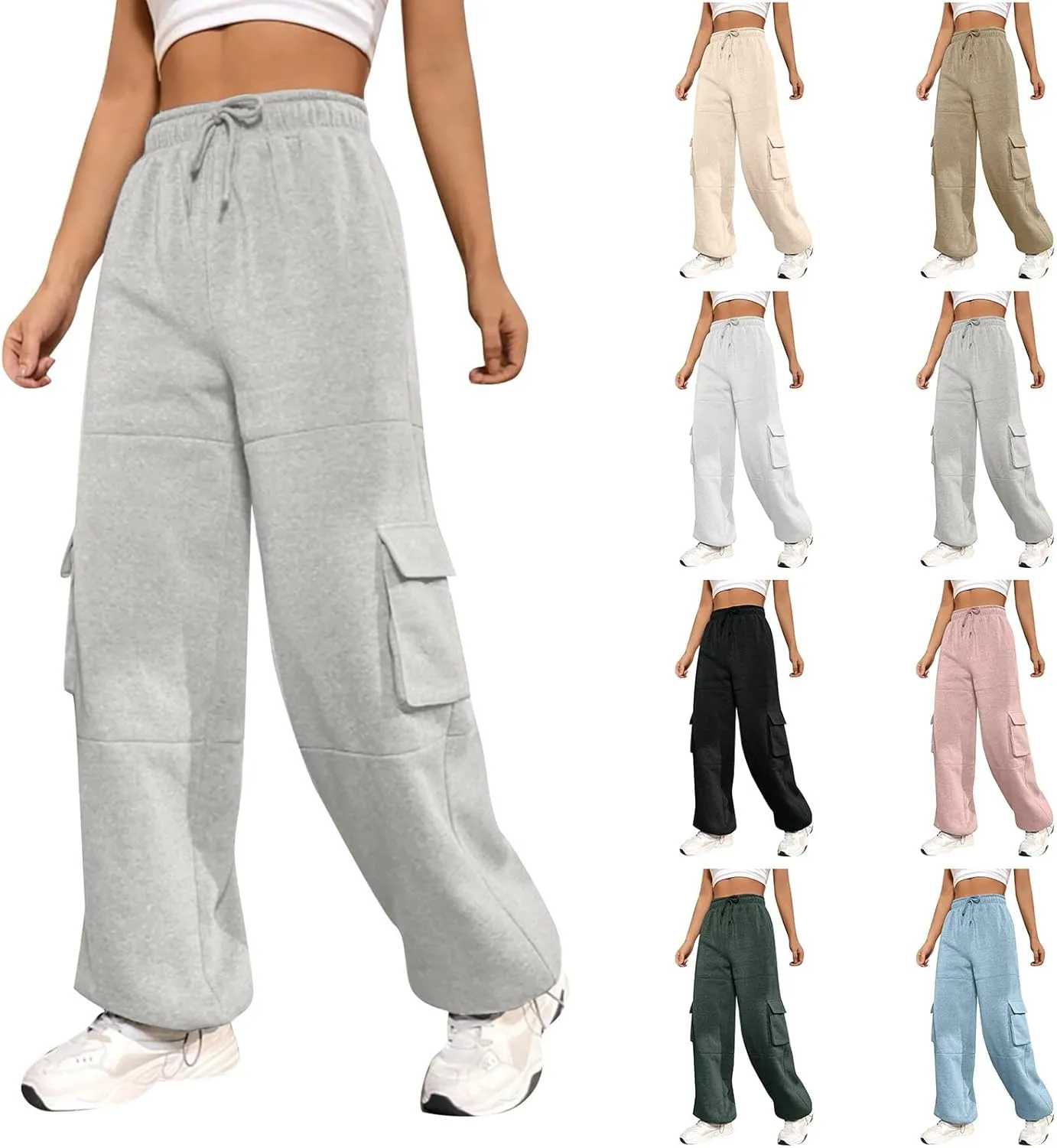 Cargo Sweatpants for Women Baggy Elastic High Waisted Joggers Drawstring Adjustable Cinch Bottom Wide Leg Sweatpants