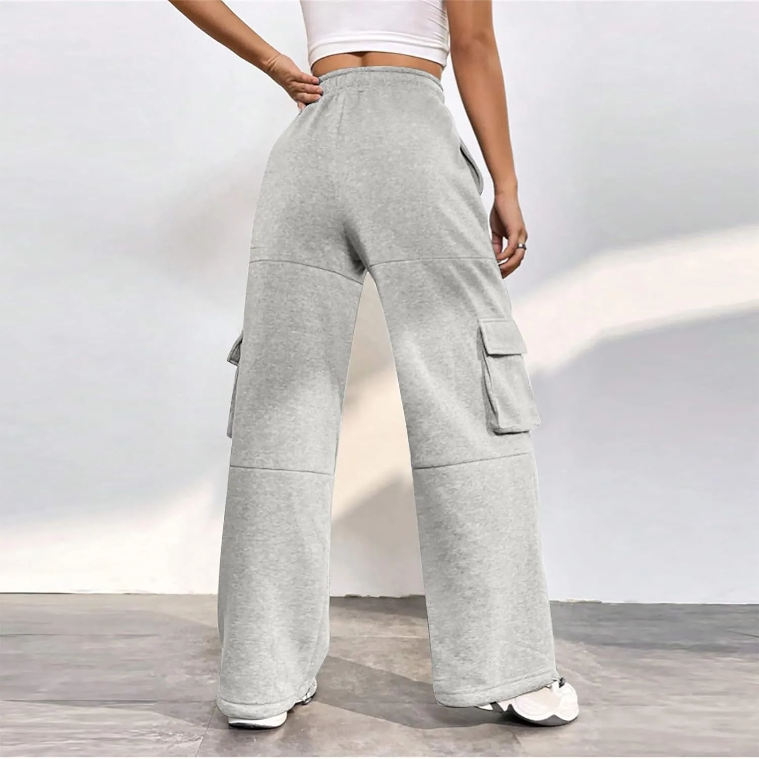 Cargo Sweatpants for Women Baggy Elastic High Waisted Joggers Drawstring Adjustable Cinch Bottom Wide Leg Sweatpants