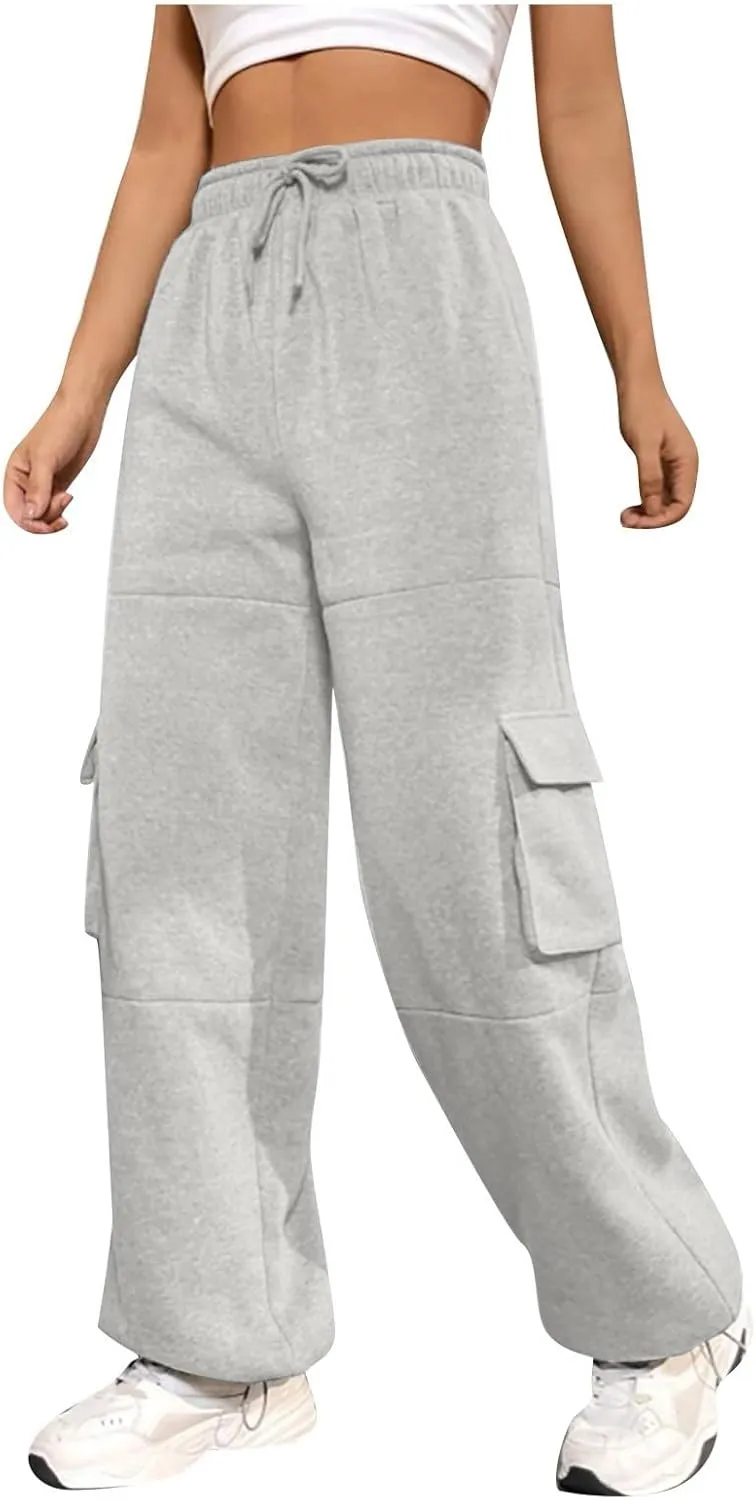 Cargo Sweatpants for Women Baggy Elastic High Waisted Joggers Drawstring Adjustable Cinch Bottom Wide Leg Sweatpants