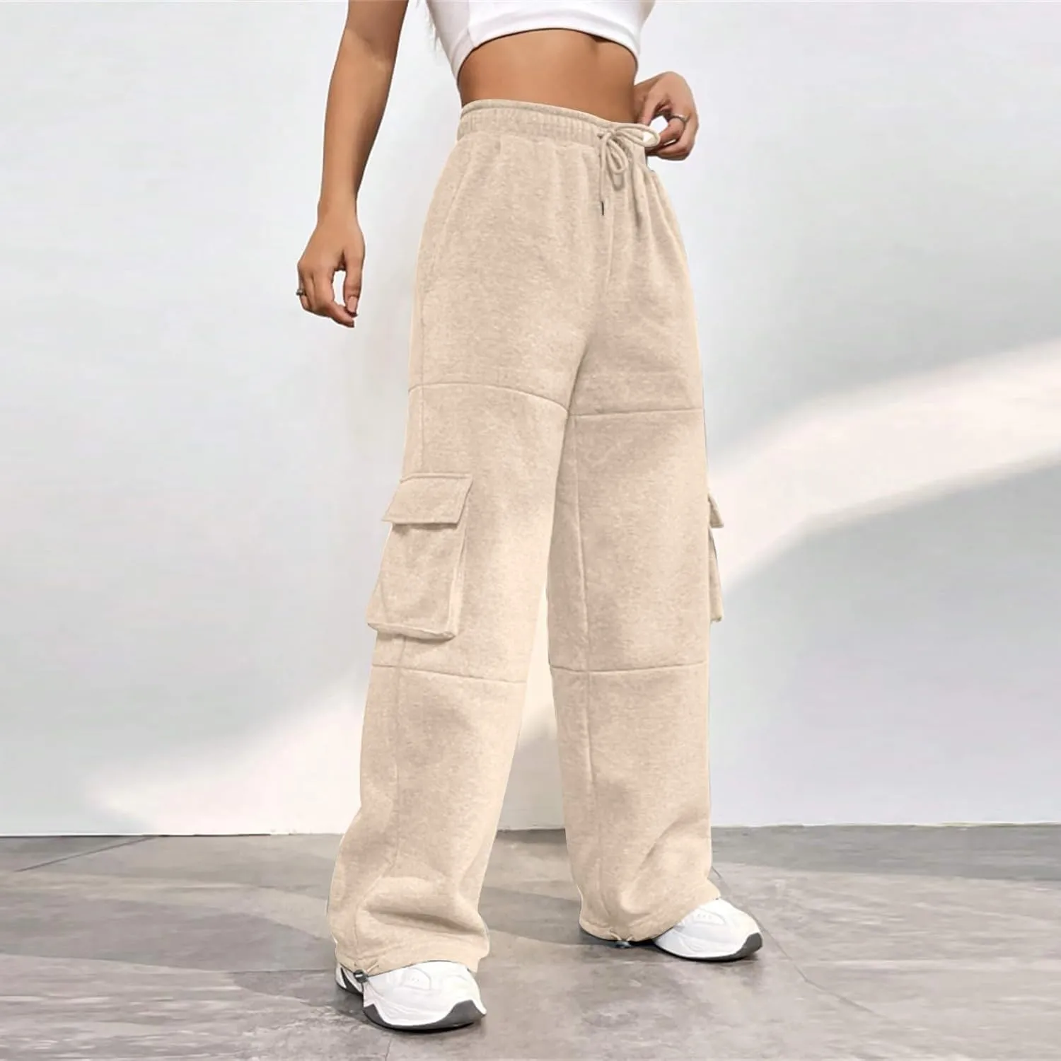 Cargo Sweatpants for Women Baggy Elastic High Waisted Joggers Drawstring Adjustable Cinch Bottom Wide Leg Sweatpants