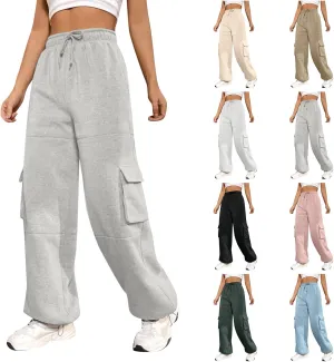 Cargo Sweatpants for Women Baggy Elastic High Waisted Joggers Drawstring Adjustable Cinch Bottom Wide Leg Sweatpants