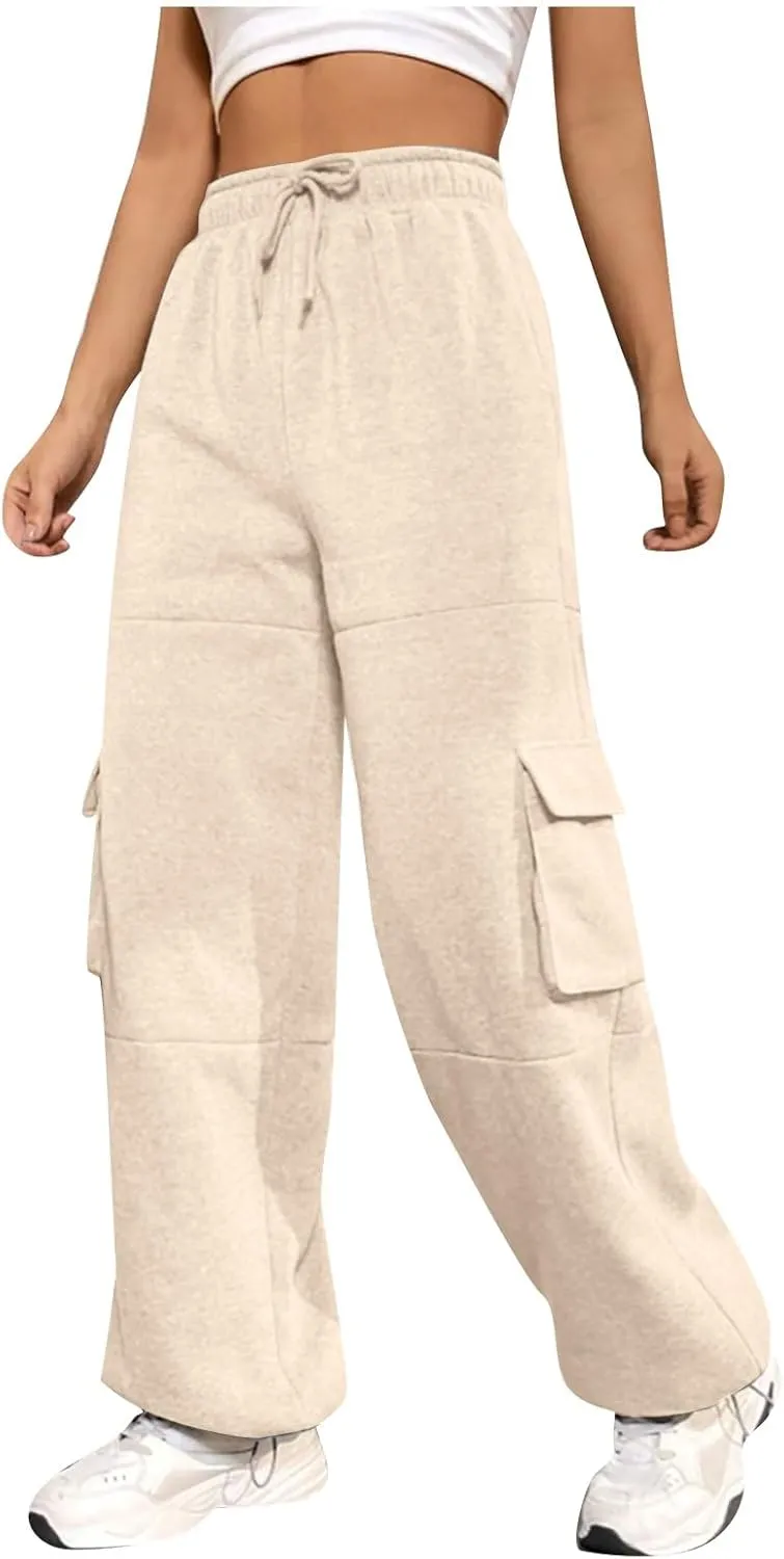 Cargo Sweatpants for Women Baggy Elastic High Waisted Joggers Drawstring Adjustable Cinch Bottom Wide Leg Sweatpants