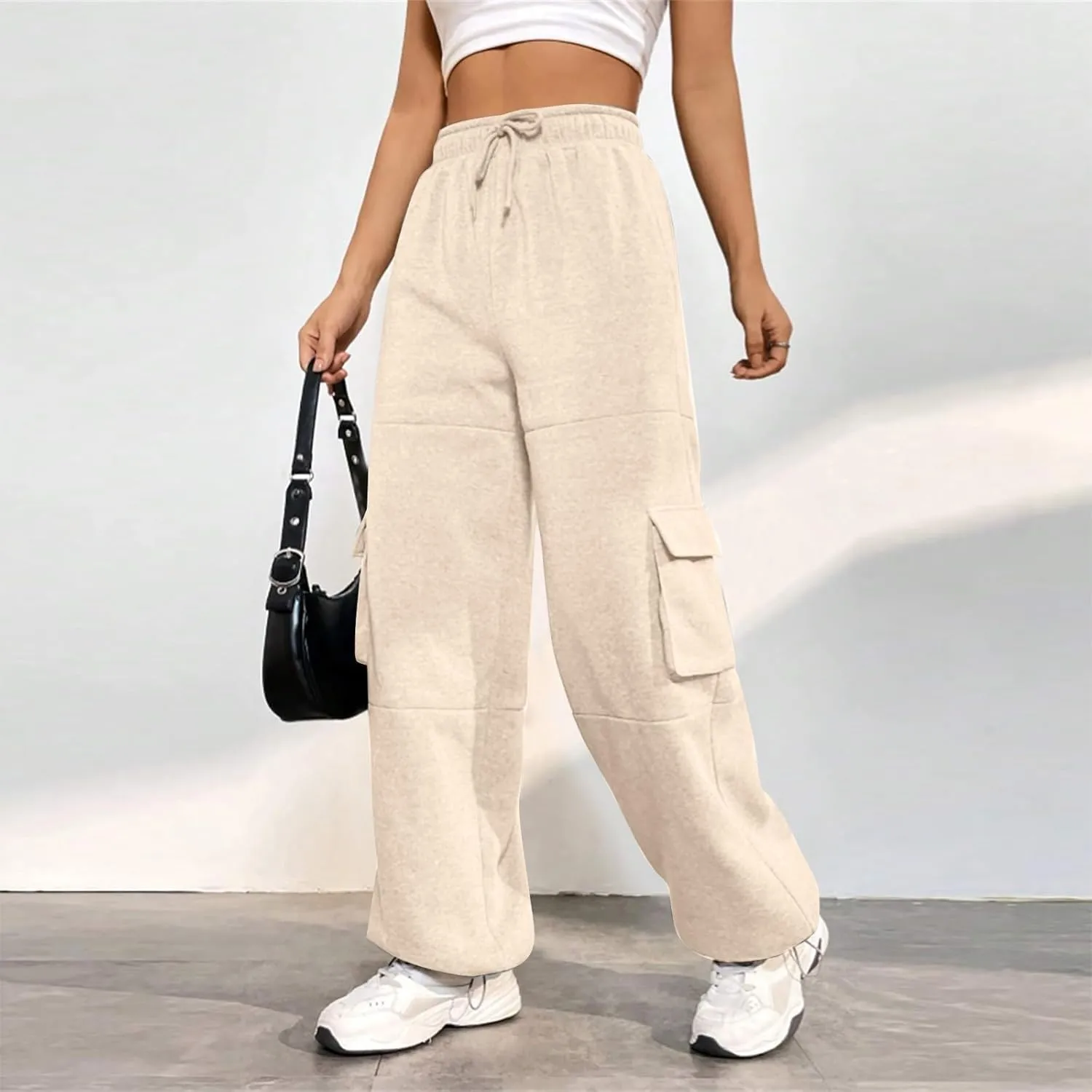 Cargo Sweatpants for Women Baggy Elastic High Waisted Joggers Drawstring Adjustable Cinch Bottom Wide Leg Sweatpants