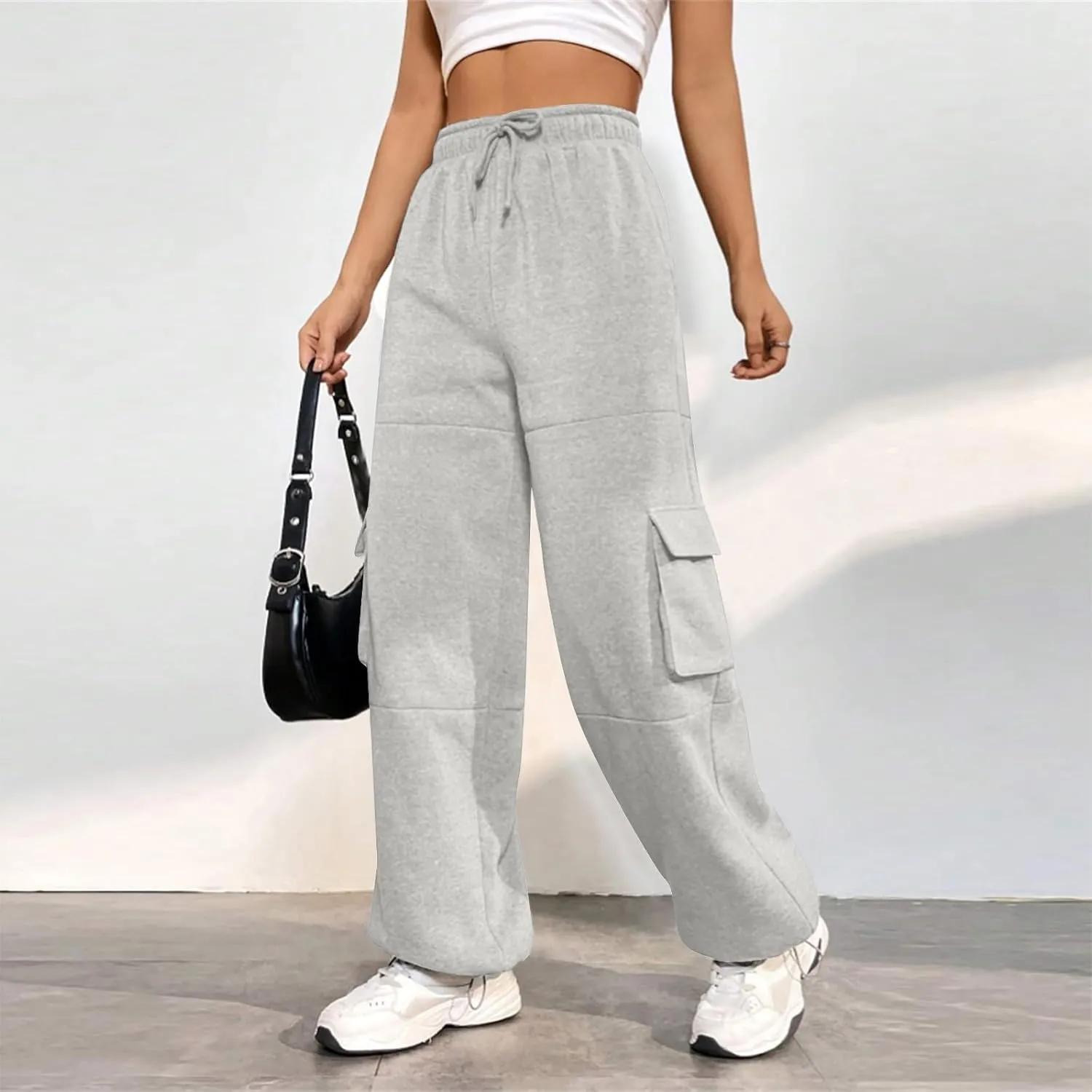 Cargo Sweatpants for Women Baggy Elastic High Waisted Joggers Drawstring Adjustable Cinch Bottom Wide Leg Sweatpants