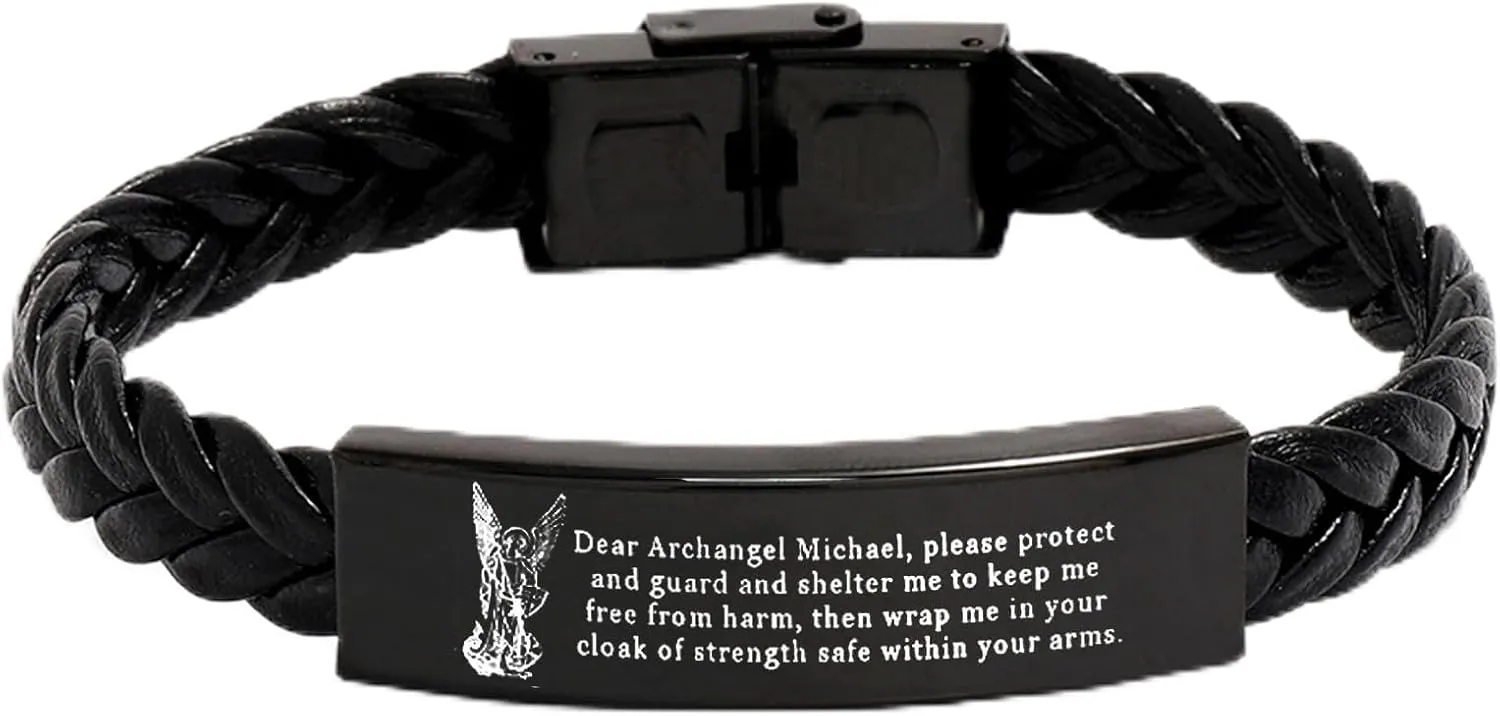 Christ Archangel St. Michael Prayer Protection Catholic Leather Bracelet, Religious Christian Godness Saint Angel Amulet Bangle Christening Personalized Engraved Jewelry for Men Women