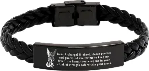 Christ Archangel St. Michael Prayer Protection Catholic Leather Bracelet, Religious Christian Godness Saint Angel Amulet Bangle Christening Personalized Engraved Jewelry for Men Women