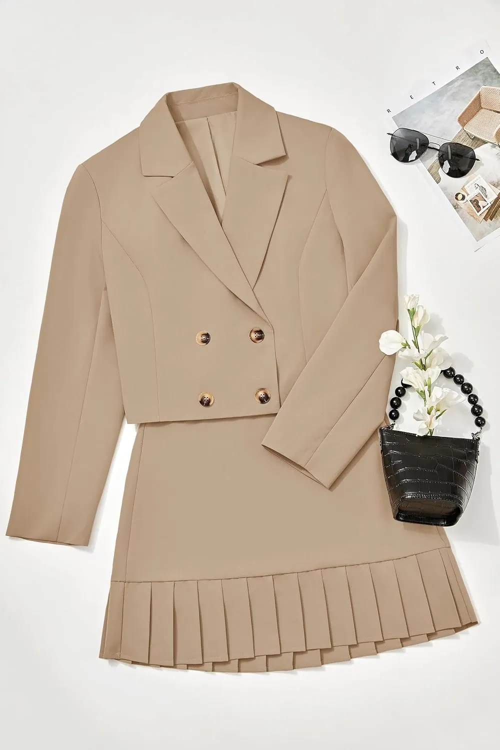 Cicy Bell Womens 2 Piece Outfits Cropped Blazer Casual Double Breasted Suit Jackets and Mini Skirt Sets