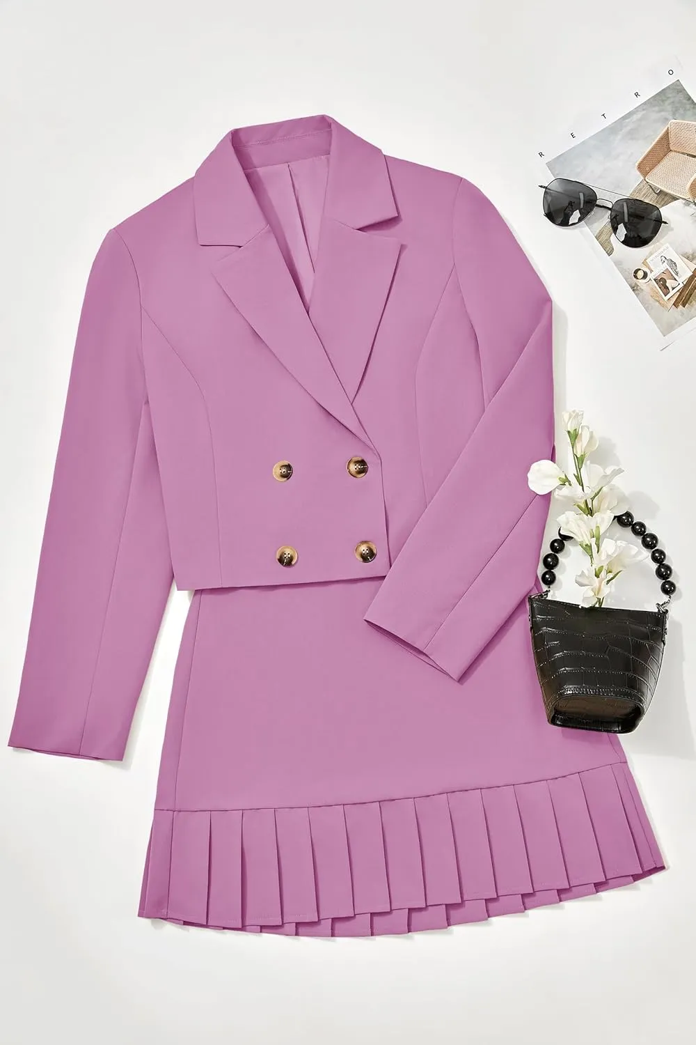 Cicy Bell Womens 2 Piece Outfits Cropped Blazer Casual Double Breasted Suit Jackets and Mini Skirt Sets