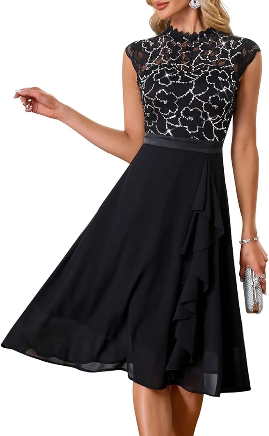 Cololura Women Elegant Sleeveless Lace Floral Knee Length Formal Party Evening Gown Cocktail Dress